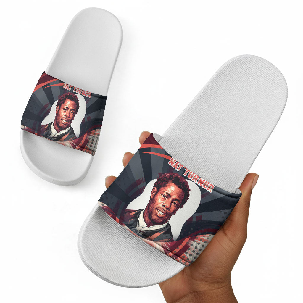 Nat Turner Black History Slide Sandals Retro Pop Art Swirl Sunburst Portrait Freedom