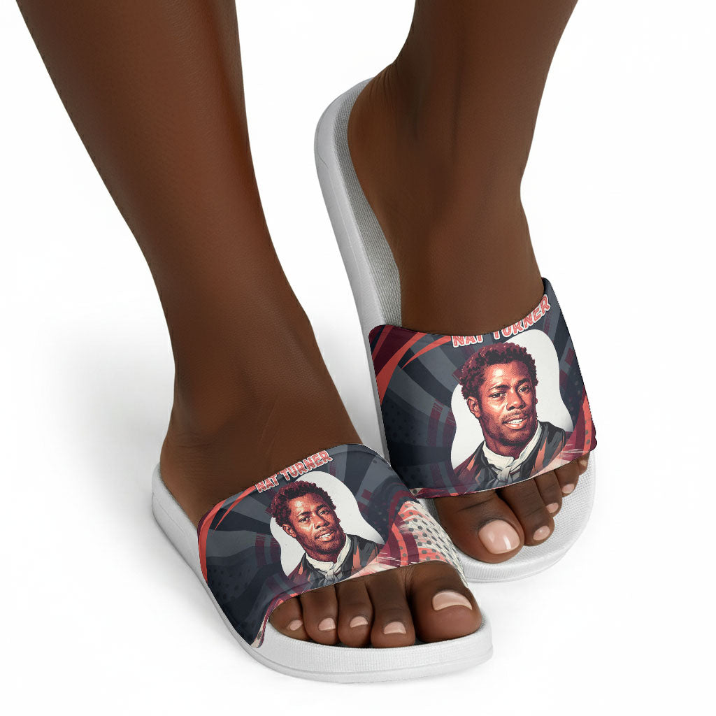 Nat Turner Black History Slide Sandals Retro Pop Art Swirl Sunburst Portrait Freedom