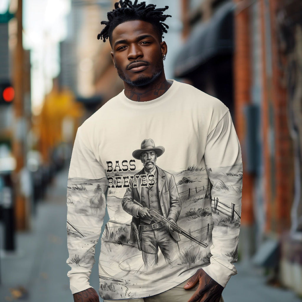 Bass Reeves Lawman Western Marshal Long Sleeve Shirt Vintage Charcoal Sketch Indomitable Black Cowboy Legend