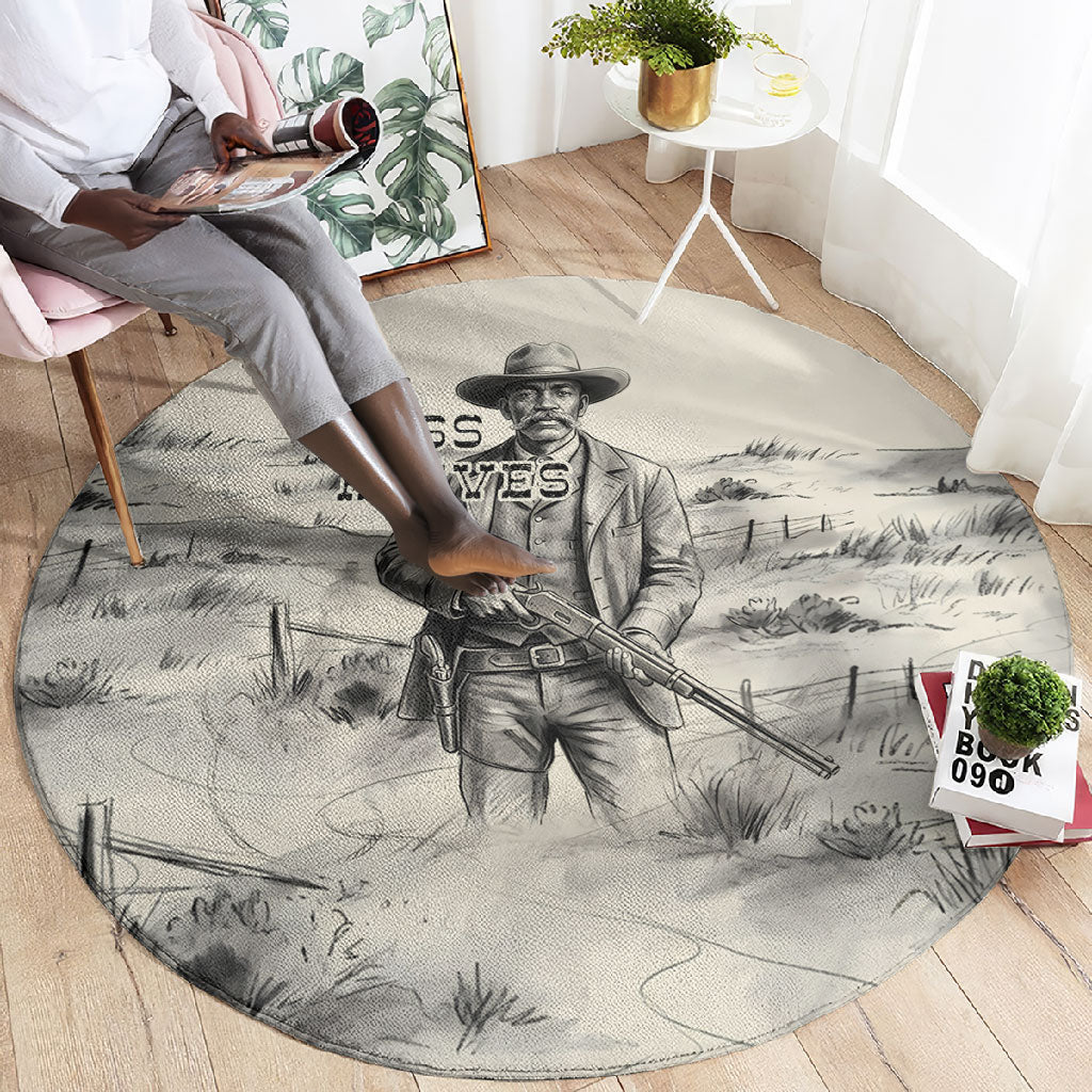 Bass Reeves Lawman Western Marshal Round Carpet Vintage Charcoal Sketch Indomitable Black Cowboy Legend