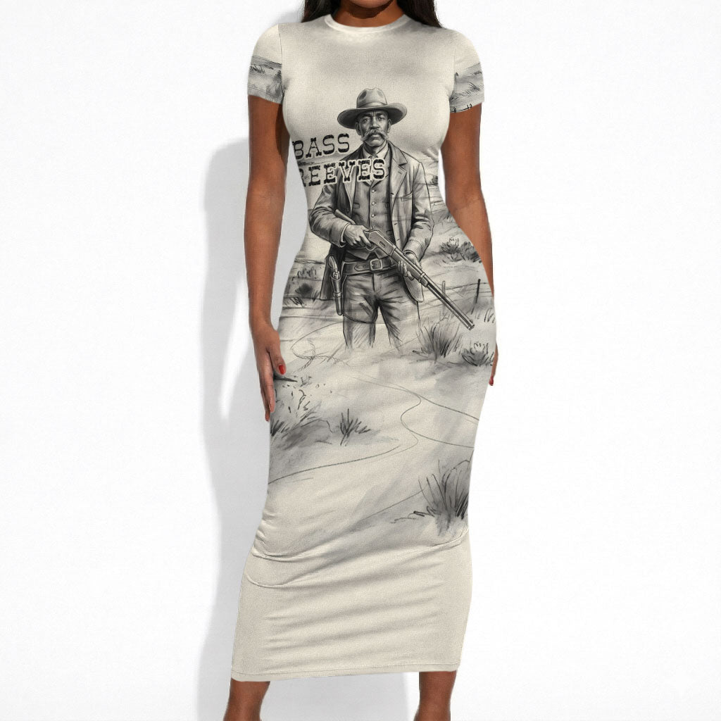 Bass Reeves Lawman Western Marshal Short Sleeve Bodycon Dress Vintage Charcoal Sketch Indomitable Black Cowboy Legend