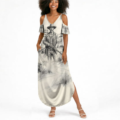 Bass Reeves Lawman Western Marshal Summer Maxi Dress Vintage Charcoal Sketch Indomitable Black Cowboy Legend