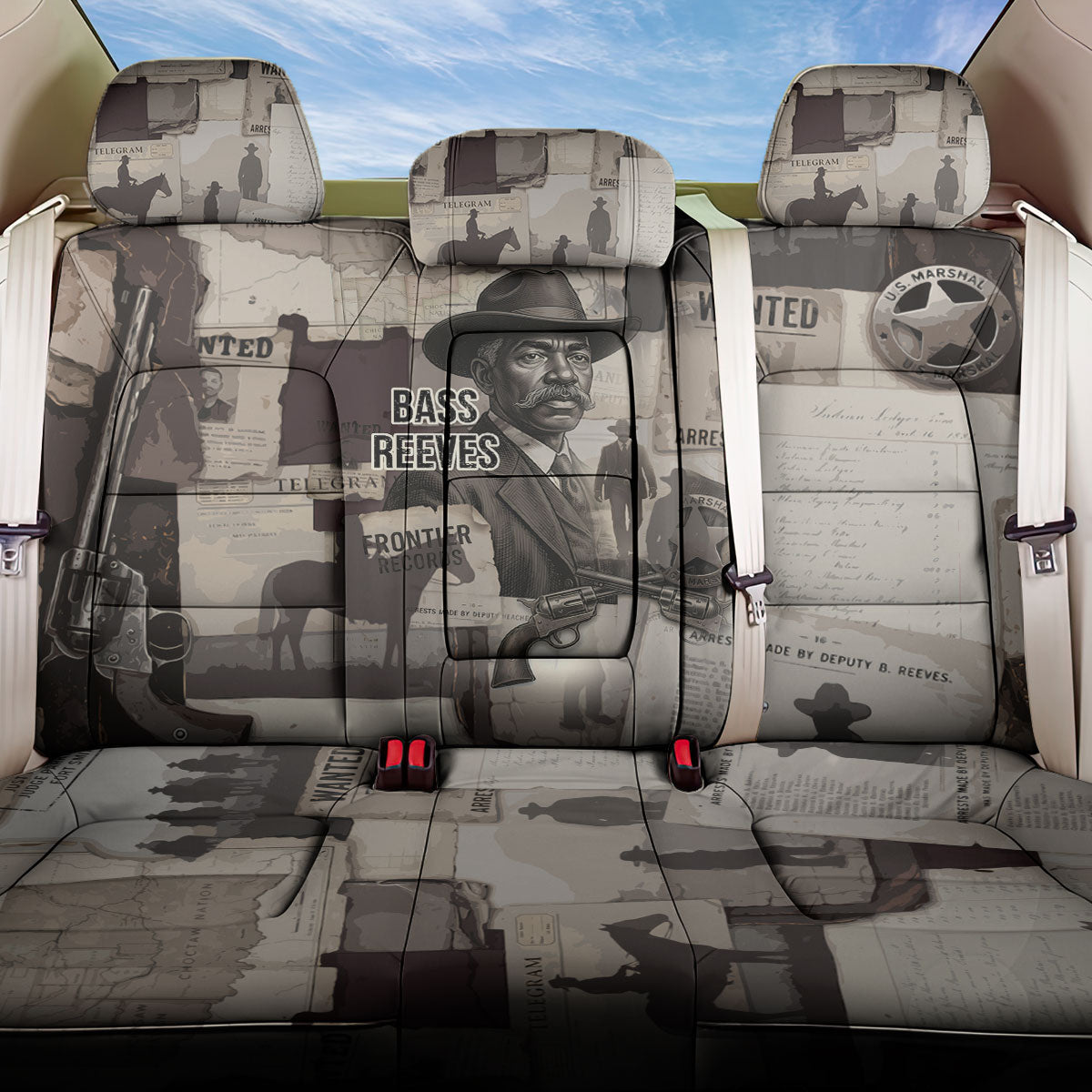 Bass Reeves Black Cowboy Lawman Back Car Seat Cover Vintage Newspaper Collage Old West Legend Sketch