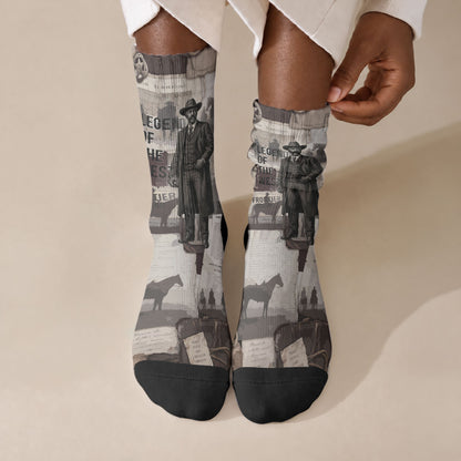 Bass Reeves Black Cowboy Lawman Crew Socks Vintage Newspaper Collage Old West Legend Sketch