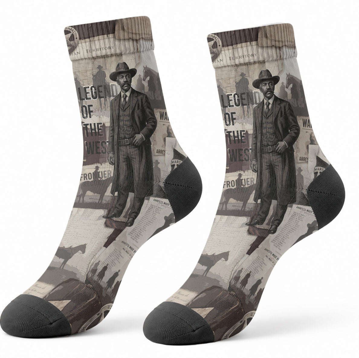 Bass Reeves Black Cowboy Lawman Crew Socks Vintage Newspaper Collage Old West Legend Sketch