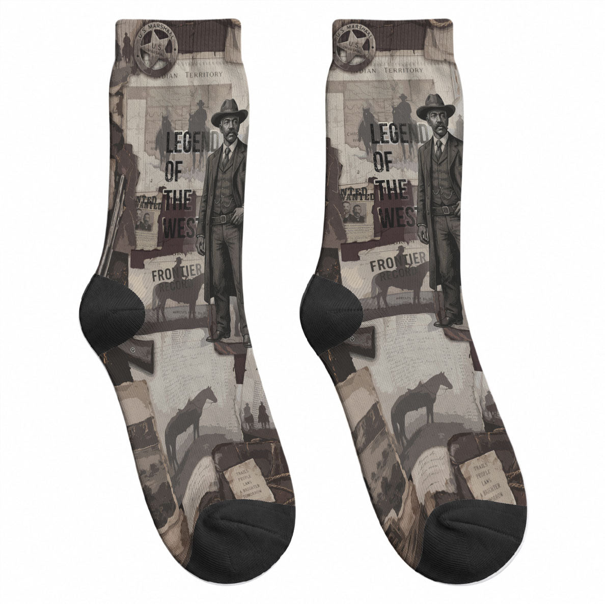 Bass Reeves Black Cowboy Lawman Crew Socks Vintage Newspaper Collage Old West Legend Sketch