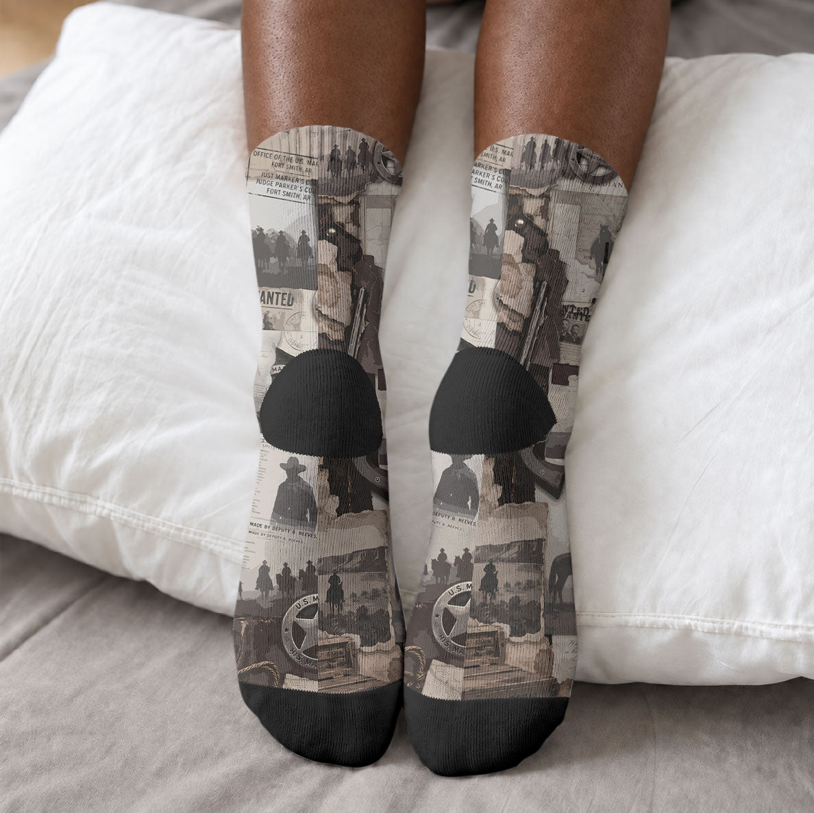 Bass Reeves Black Cowboy Lawman Crew Socks Vintage Newspaper Collage Old West Legend Sketch