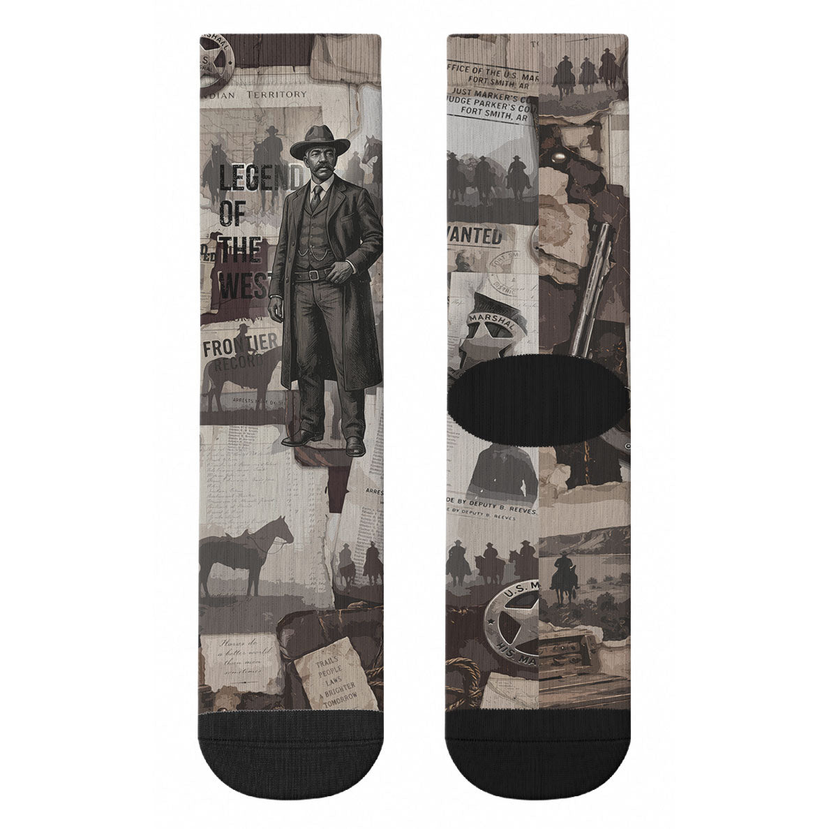 Bass Reeves Black Cowboy Lawman Crew Socks Vintage Newspaper Collage Old West Legend Sketch