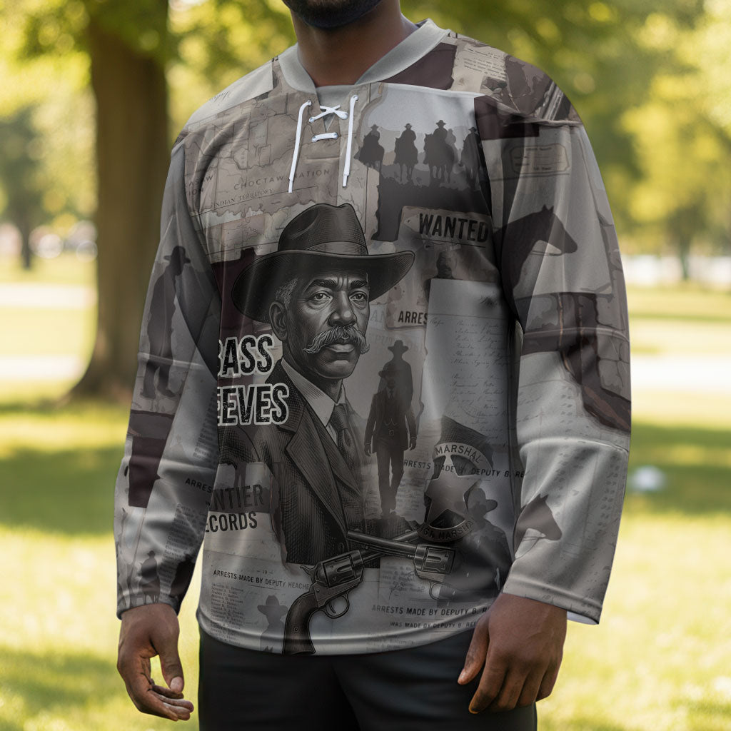 Bass Reeves Black Cowboy Lawman Hockey Jersey Vintage Newspaper Collage Old West Legend Sketch