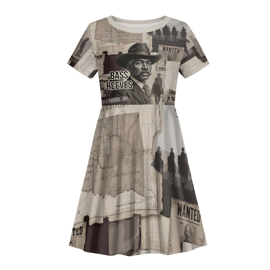 Bass Reeves Black Cowboy Lawman Kid Short Sleeve Dress Vintage Newspaper Collage Old West Legend Sketch