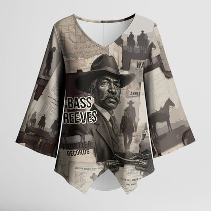 Bass Reeves Black Cowboy Lawman Kimono Sleeve Blouse Vintage Newspaper Collage Old West Legend Sketch