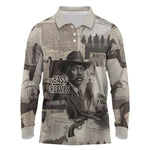 Bass Reeves Black Cowboy Lawman Long Sleeve Polo Shirt Vintage Newspaper Collage Old West Legend Sketch