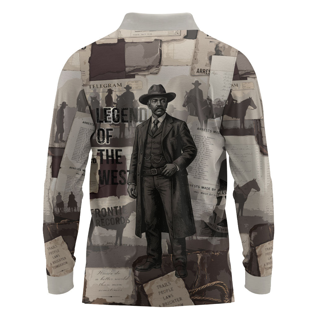 Bass Reeves Black Cowboy Lawman Long Sleeve Polo Shirt Vintage Newspaper Collage Old West Legend Sketch