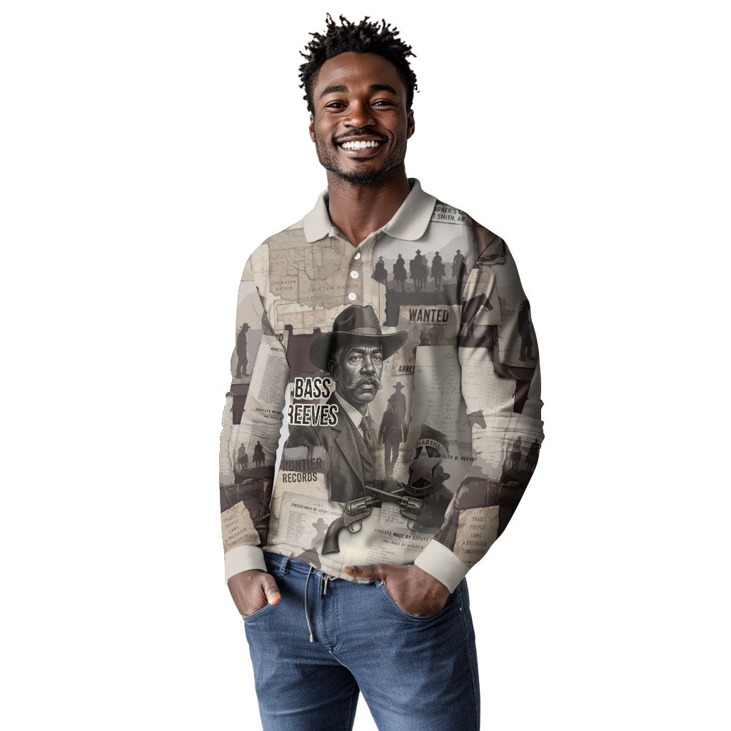 Bass Reeves Black Cowboy Lawman Long Sleeve Polo Shirt Vintage Newspaper Collage Old West Legend Sketch