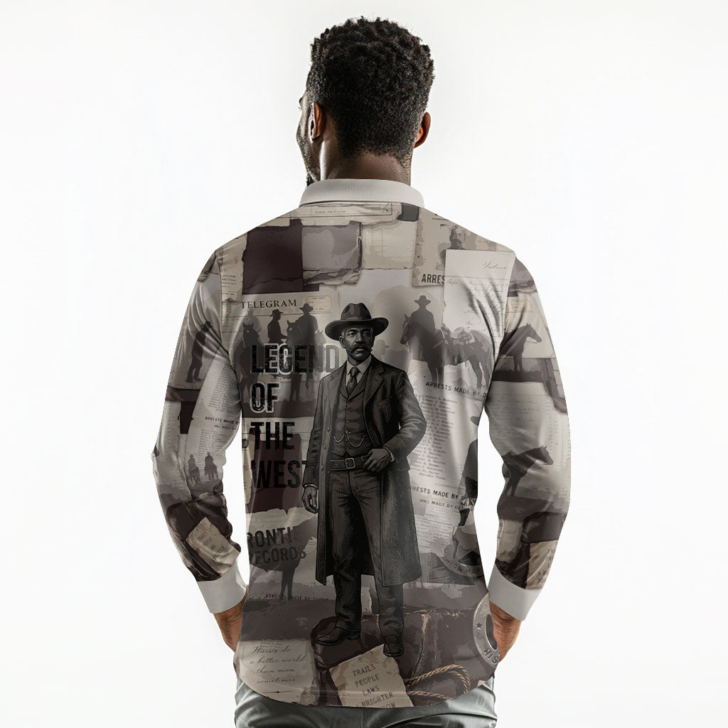 Bass Reeves Black Cowboy Lawman Long Sleeve Polo Shirt Vintage Newspaper Collage Old West Legend Sketch