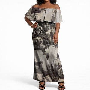 Bass Reeves Black Cowboy Lawman Off Shoulder Maxi Dress Vintage Newspaper Collage Old West Legend Sketch