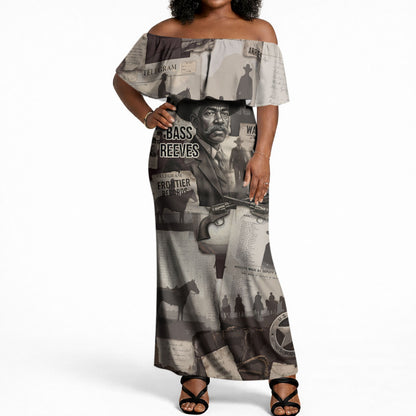 Bass Reeves Black Cowboy Lawman Off Shoulder Maxi Dress Vintage Newspaper Collage Old West Legend Sketch