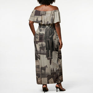Bass Reeves Black Cowboy Lawman Off Shoulder Maxi Dress Vintage Newspaper Collage Old West Legend Sketch