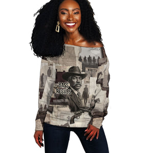 Bass Reeves Black Cowboy Lawman Off Shoulder Sweater Vintage Newspaper Collage Old West Legend Sketch