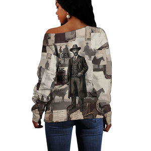 Bass Reeves Black Cowboy Lawman Off Shoulder Sweater Vintage Newspaper Collage Old West Legend Sketch