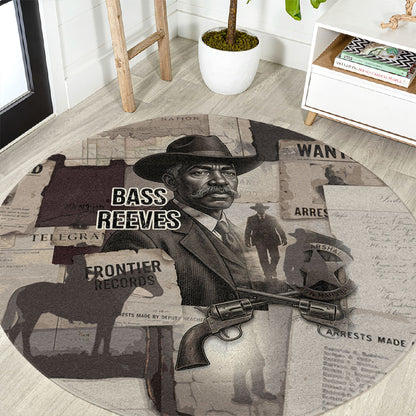 Bass Reeves Black Cowboy Lawman Round Carpet Vintage Newspaper Collage Old West Legend Sketch