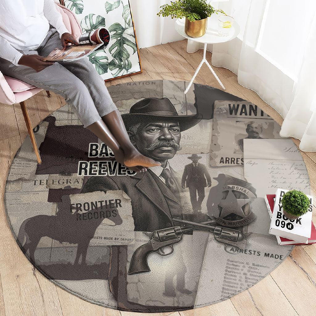 Bass Reeves Black Cowboy Lawman Round Carpet Vintage Newspaper Collage Old West Legend Sketch
