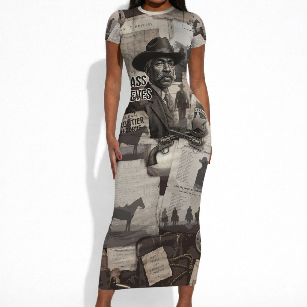 Bass Reeves Black Cowboy Lawman Short Sleeve Bodycon Dress Vintage Newspaper Collage Old West Legend Sketch