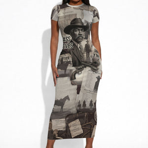 Bass Reeves Black Cowboy Lawman Short Sleeve Bodycon Dress Vintage Newspaper Collage Old West Legend Sketch