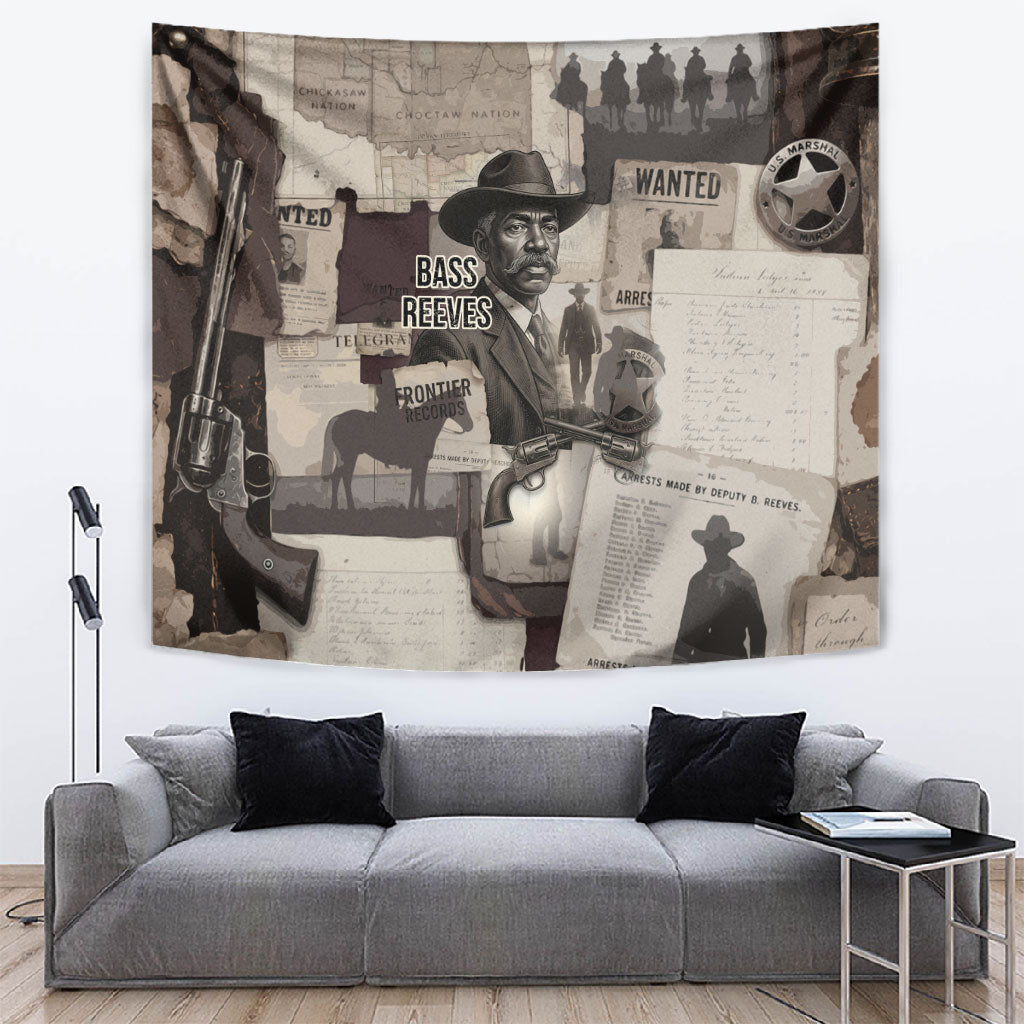 Bass Reeves Black Cowboy Lawman Tapestry Vintage Newspaper Collage Old West Legend Sketch