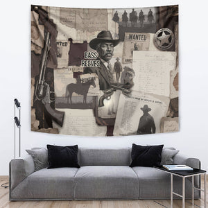 Bass Reeves Black Cowboy Lawman Tapestry Vintage Newspaper Collage Old West Legend Sketch