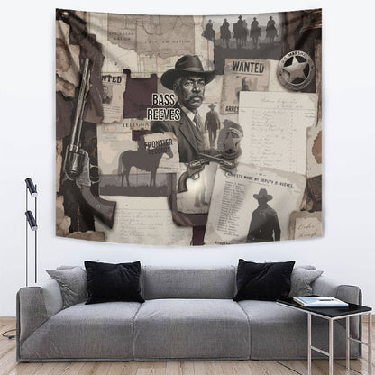 Bass Reeves Black Cowboy Lawman Tapestry Vintage Newspaper Collage Old West Legend Sketch