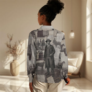 Bass Reeves Black Cowboy Lawman Women Casual Shirt Vintage Newspaper Collage Old West Legend Sketch