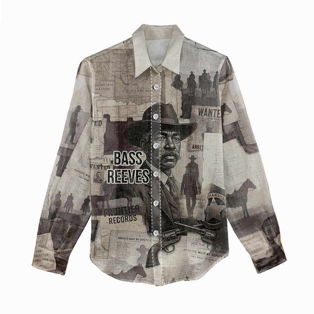 Bass Reeves Black Cowboy Lawman Women Casual Shirt Vintage Newspaper Collage Old West Legend Sketch