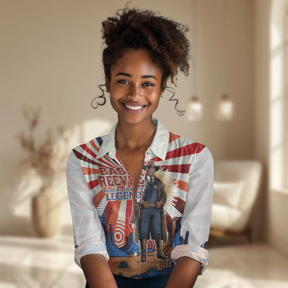 Bass Reeves Black Cowboy Legend Women Casual Shirt Retro Comic Pop Art Sunburst Western US Marshal Badge