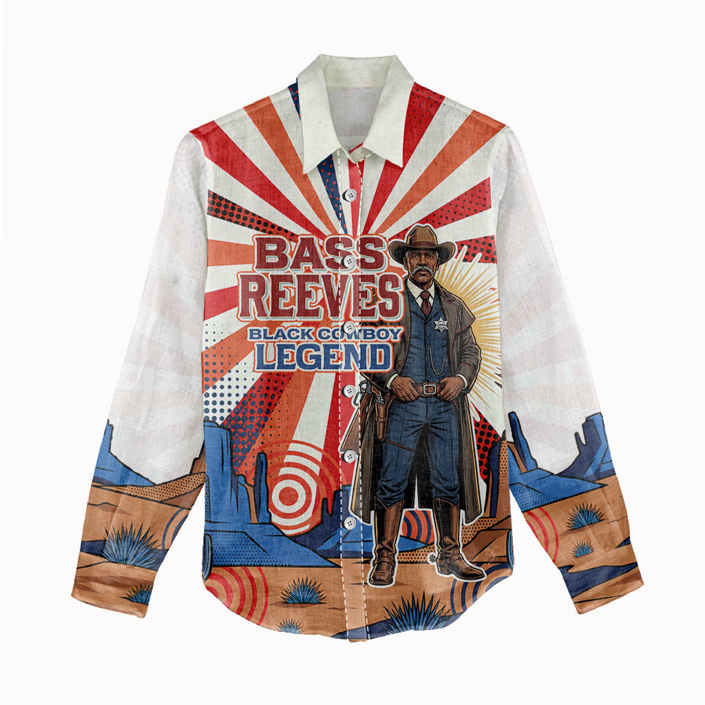 Bass Reeves Black Cowboy Legend Women Casual Shirt Retro Comic Pop Art Sunburst Western US Marshal Badge