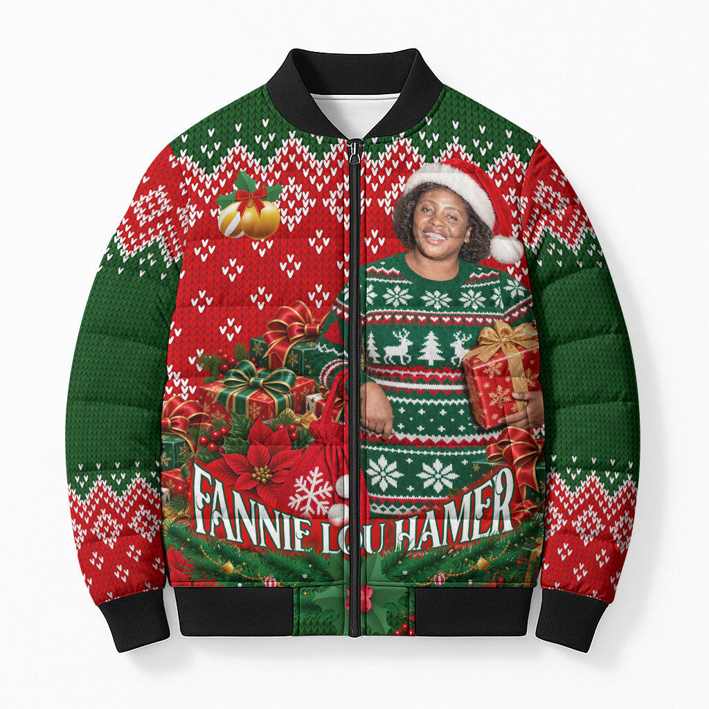 Fannie Lou Hamer Christmas Bomber Puffer Jacket Retro Ugly Christmas Pattern Civil Rights Activist