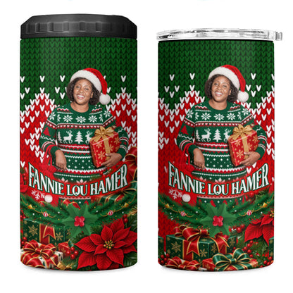 Fannie Lou Hamer Christmas 4 in 1 Can Cooler Tumbler Retro Ugly Christmas Pattern Civil Rights Activist