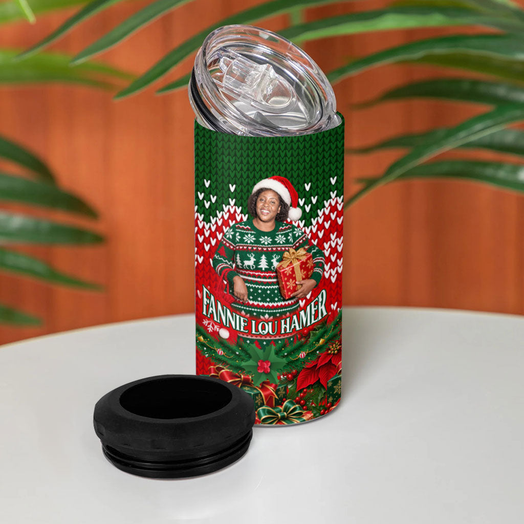 Fannie Lou Hamer Christmas 4 in 1 Can Cooler Tumbler Retro Ugly Christmas Pattern Civil Rights Activist