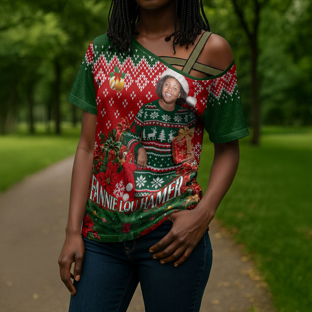Fannie Lou Hamer Christmas Cross Shoulder Shirt Retro Ugly Christmas Pattern Civil Rights Activist