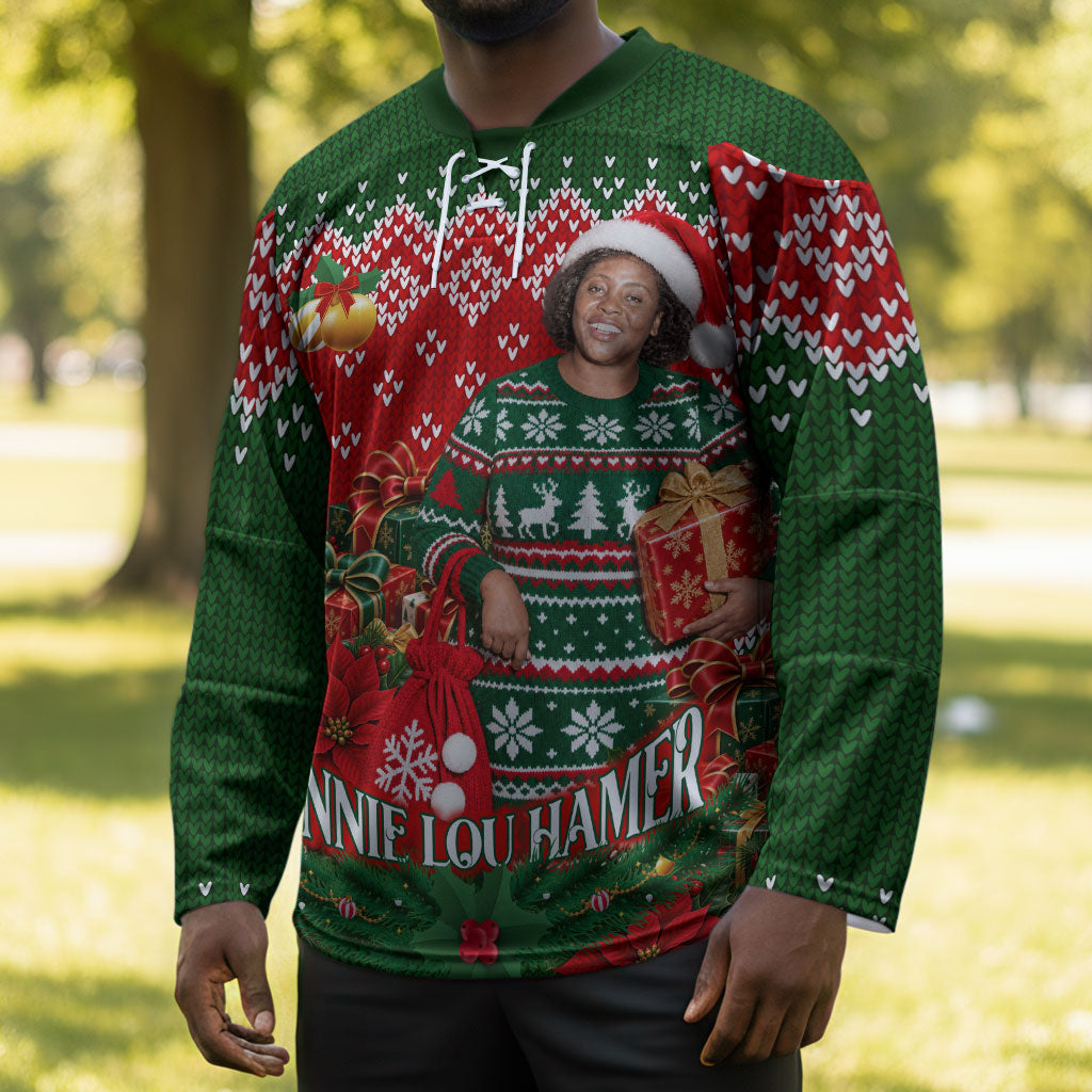 Fannie Lou Hamer Christmas Hockey Jersey Retro Ugly Christmas Pattern Civil Rights Activist