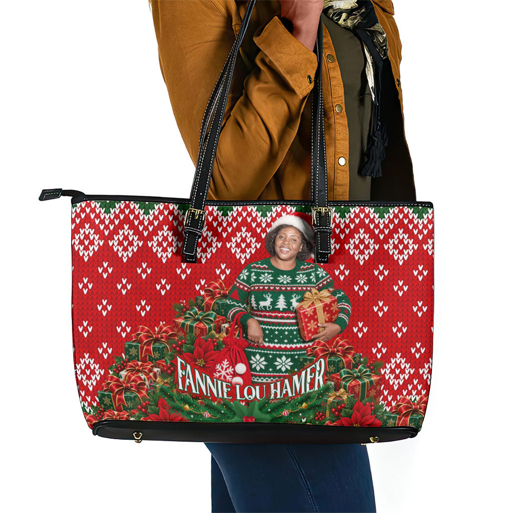 Fannie Lou Hamer Christmas Leather Tote Bag Retro Ugly Christmas Pattern Civil Rights Activist