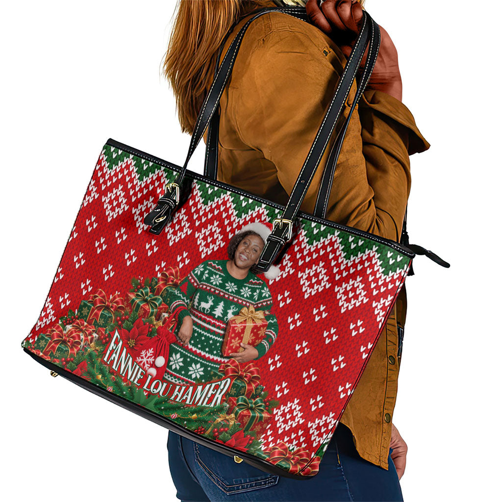 Fannie Lou Hamer Christmas Leather Tote Bag Retro Ugly Christmas Pattern Civil Rights Activist