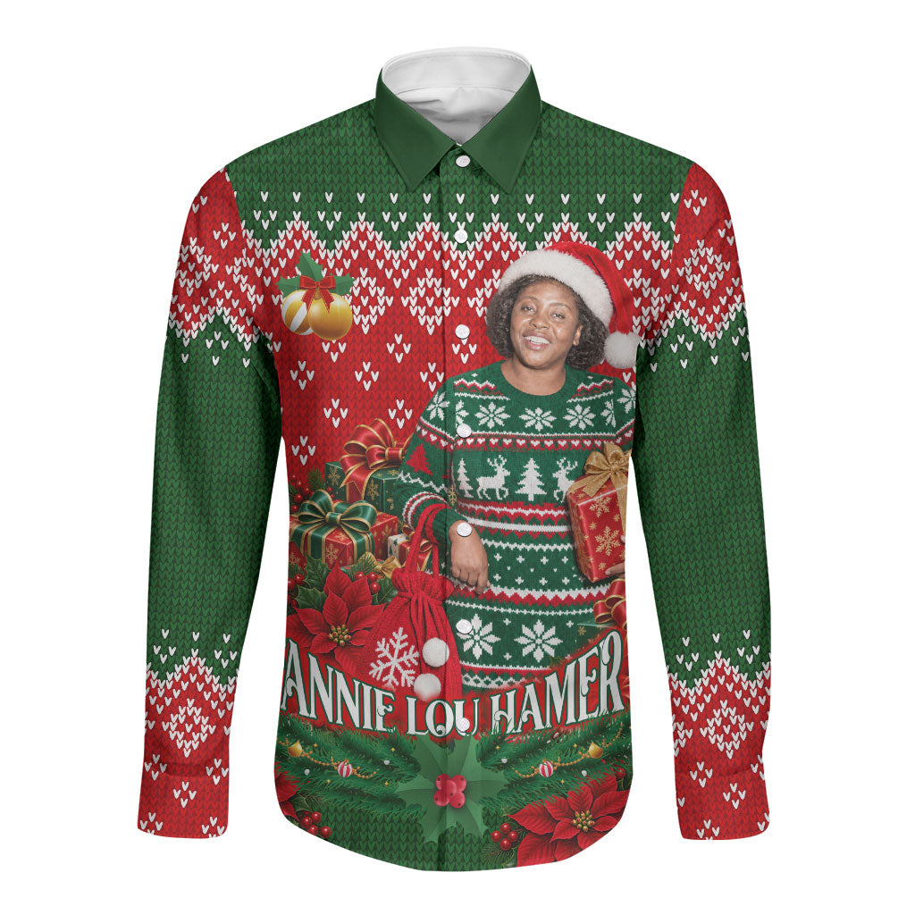 Fannie Lou Hamer Christmas Long Sleeve Button Shirt Retro Ugly Christmas Pattern Civil Rights Activist