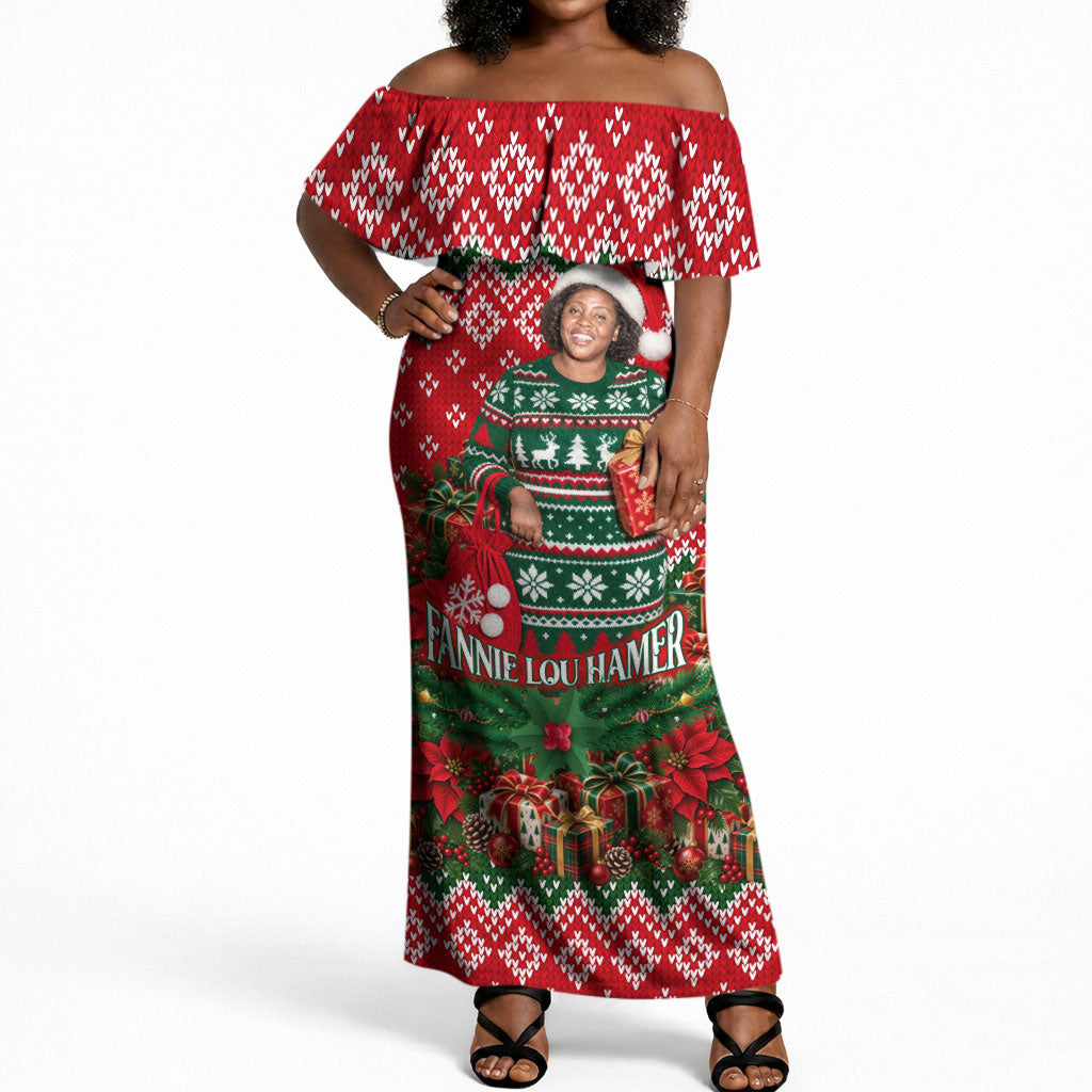 Fannie Lou Hamer Christmas Off Shoulder Maxi Dress Retro Ugly Christmas Pattern Civil Rights Activist