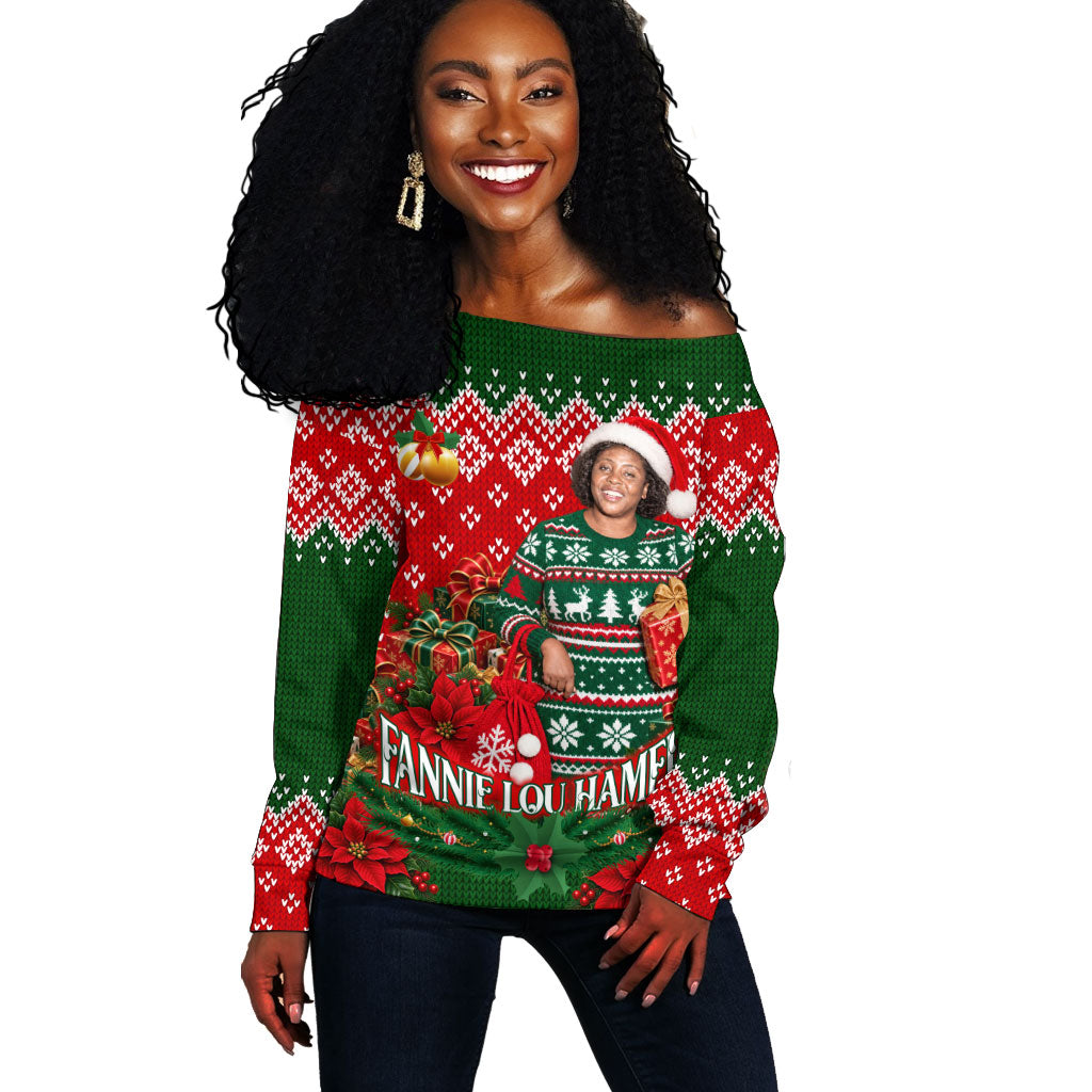 Fannie Lou Hamer Christmas Off Shoulder Sweater Retro Ugly Christmas Pattern Civil Rights Activist