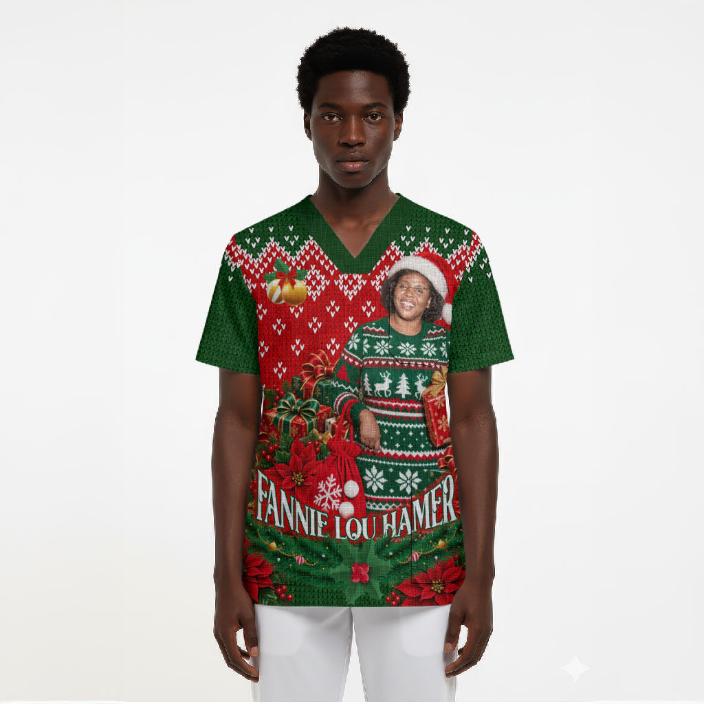 Fannie Lou Hamer Christmas Scrub Top Retro Ugly Christmas Pattern Civil Rights Activist