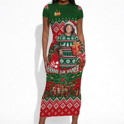 Fannie Lou Hamer Christmas Short Sleeve Bodycon Dress Retro Ugly Christmas Pattern Civil Rights Activist