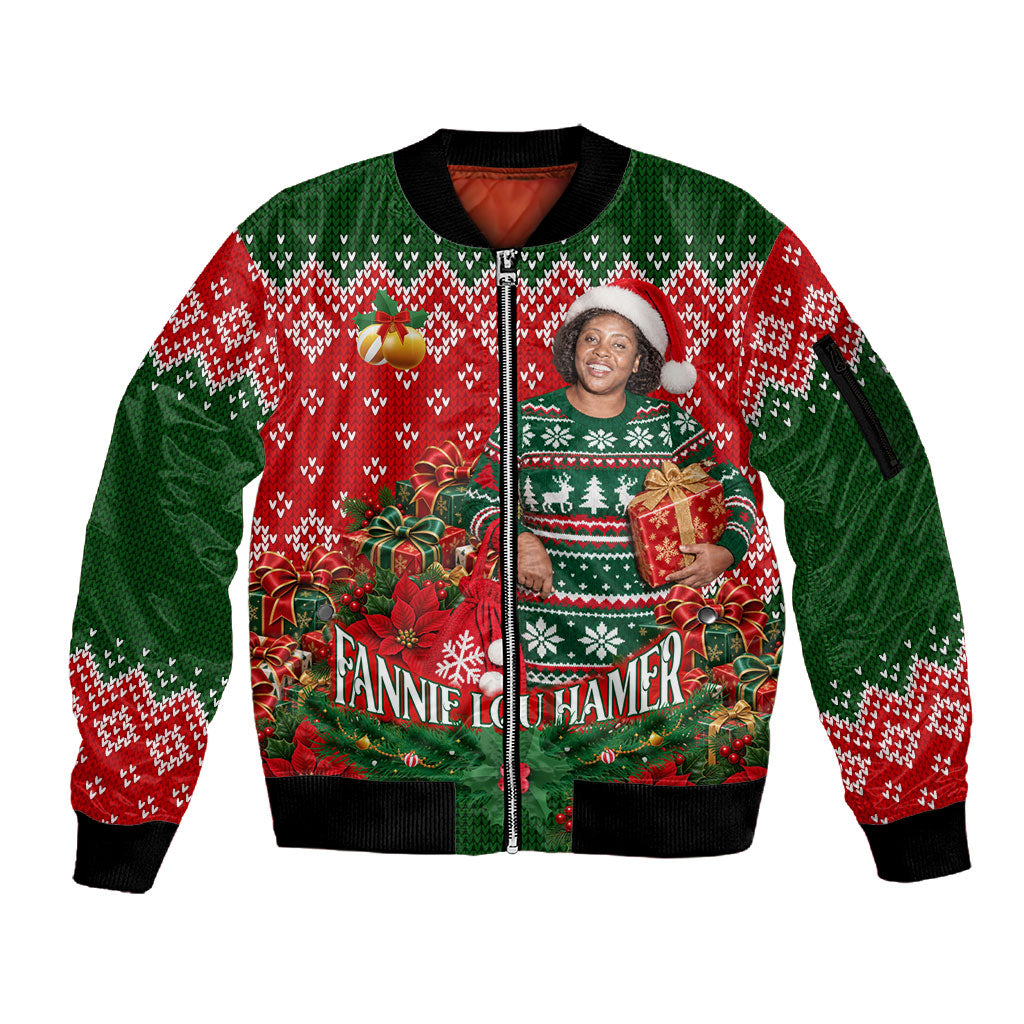Fannie Lou Hamer Christmas Sleeve Zip Bomber Jacket Retro Ugly Christmas Pattern Civil Rights Activist
