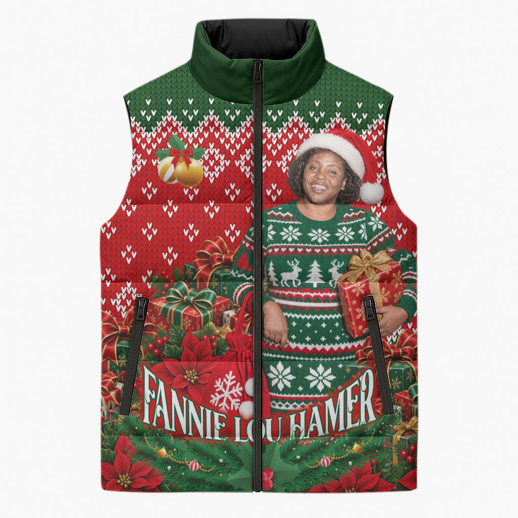 Fannie Lou Hamer Christmas Sleeveless Puffer Jacket Retro Ugly Christmas Pattern Civil Rights Activist