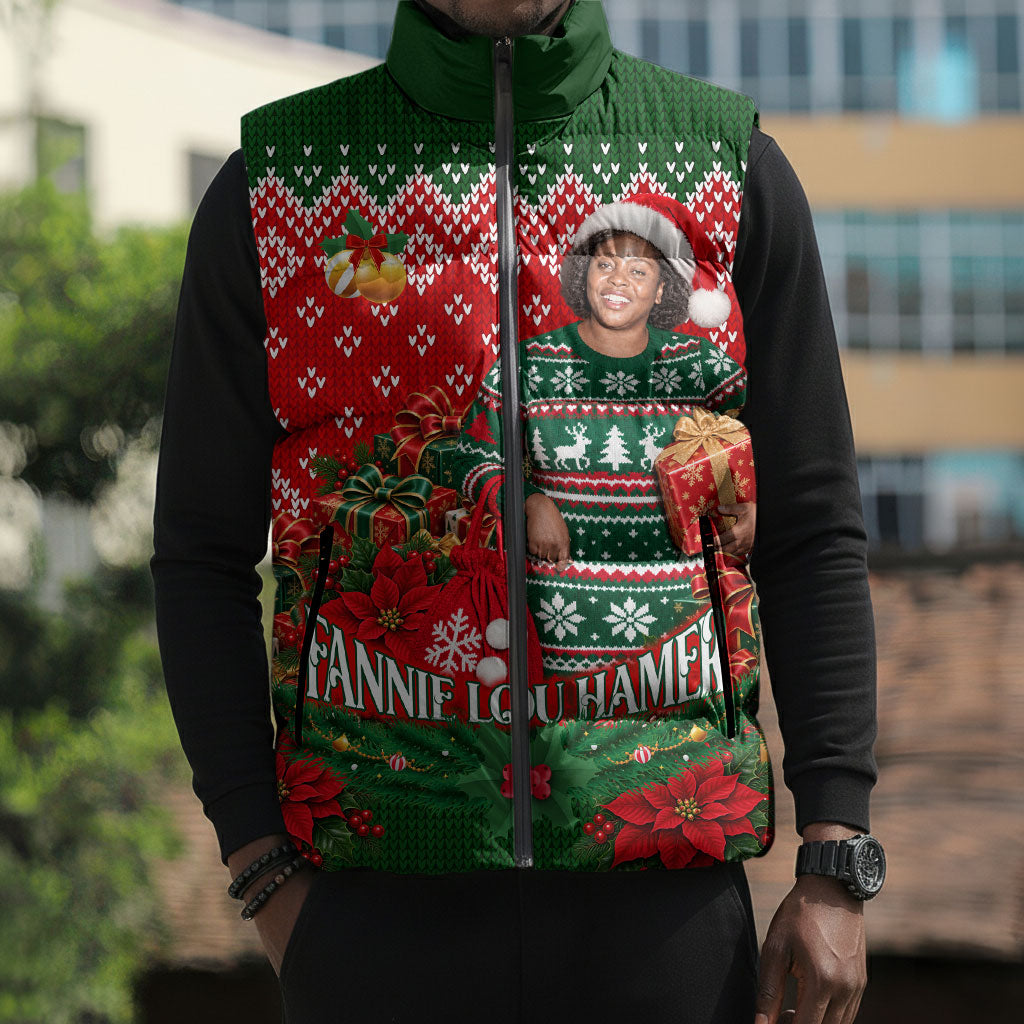 Fannie Lou Hamer Christmas Sleeveless Puffer Jacket Retro Ugly Christmas Pattern Civil Rights Activist